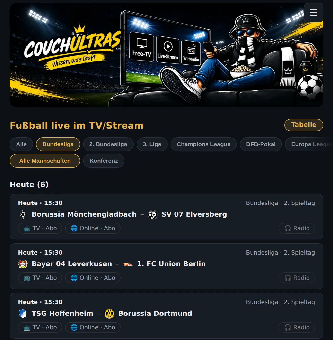 Die Startseite von CouchUltras: der Spielplan mit allen Spielen und allen Sendern